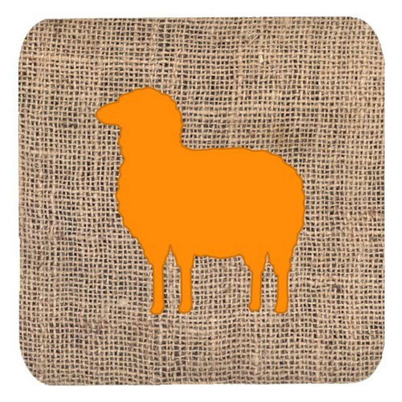 Caroline's Treasures BB1126-BL-OR-FC Sheep Burlap and Orange Foam Coasters (Set of 4), 3.5 H x 3.5 W, Multicolor
