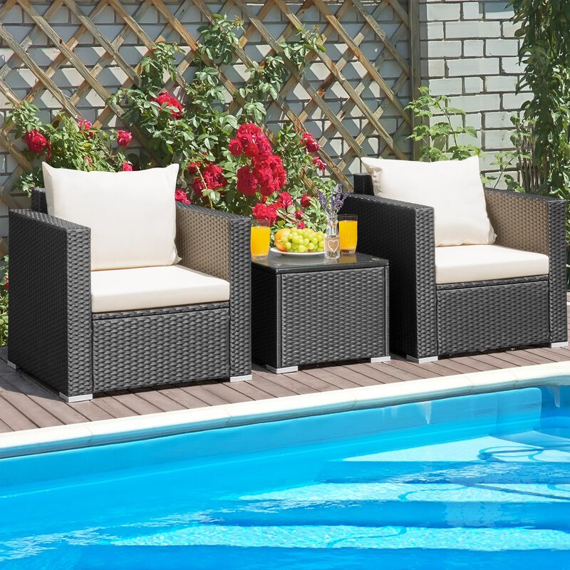3 Pieces Patio Wicker Conversation Set with Cushion