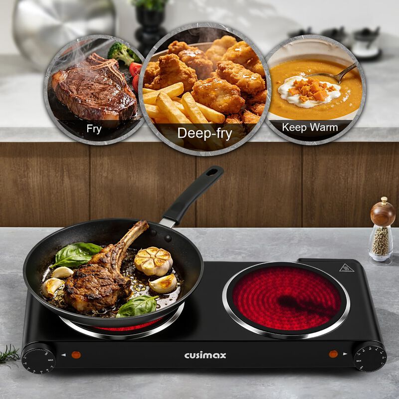 Cusimax 7.1 inch Portable Electric Hot Plate, 1800W Glass Dual Countertop Electric Cooktop, Stainless Steel Infrared Electric Stove image number 4