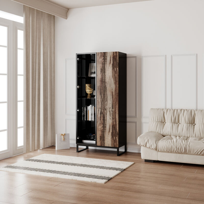 FUFU&GAGA Modern 2-Door Display Cabinet with Glass and Wood-Grain Front Metal Feet and Built-in Lighting 31.4"L x 16.1"W x 68.8"H Black