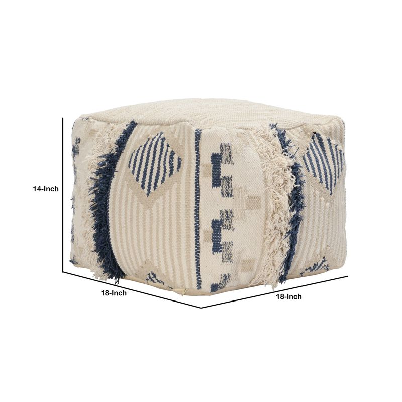 Fabric Pouf Ottoman with Woven Design and Fringe Details, Cream and Blue-Benzara