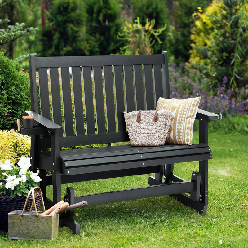 Poly Lumber Patio Glider Two Seat with Cup Holders, Durable HIPS Material, All-Weather Resistant, High Backest and Deep Contoured Seat, Heavy Duty 900 LB, for Outdoor, Porch, Patio (Carbon Black)