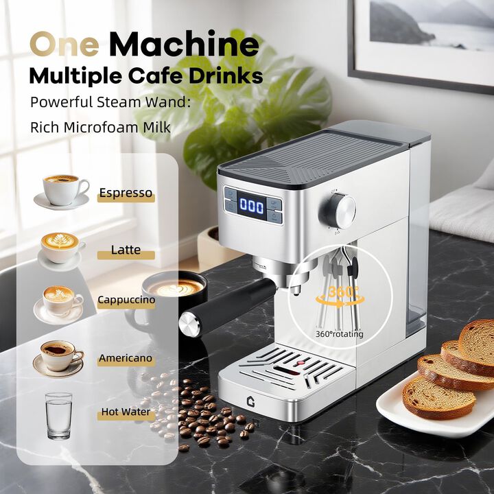 20 Bar Stainless Steel Coffee Machine with Steam Frother & Removable Water Tank for Home Barista Use