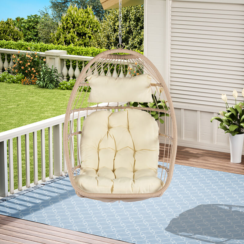 Streamdale Outdoor Garden Rattan Egg Swing Chair Hanging Chair Wood+Khaki image number 2