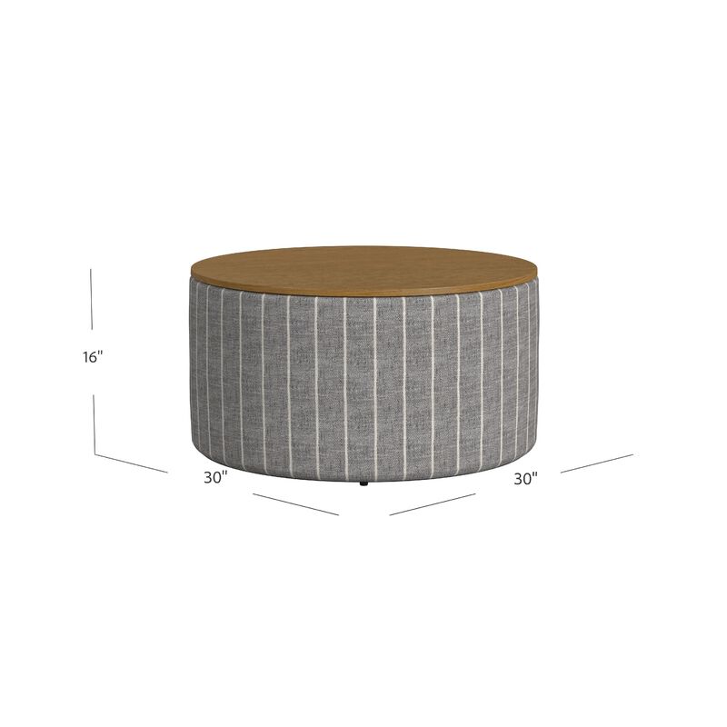 Jena Storage Ottoman, 30 Inch Round Lift Tray Top, Gray Pinstripe