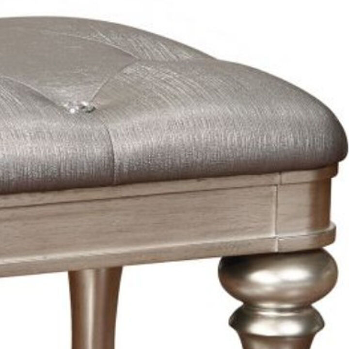 Wooden Vanity Stool with Turned Legs and Leatherette Upholstered Seat, Silver-Benzara