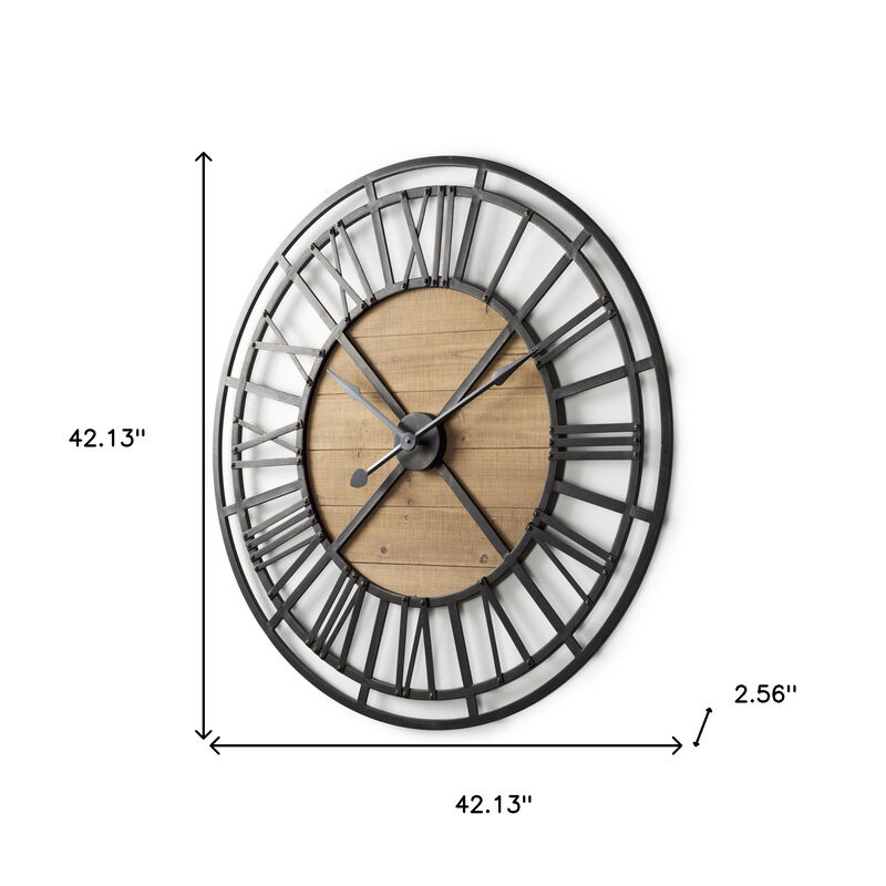 HomeRoots 42" Black And Natural Iron And Wood Analog Round Wall Clock image number 3