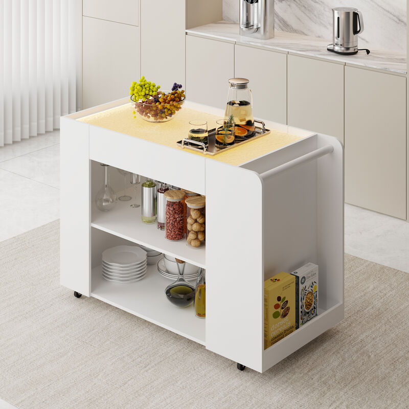 FUFU&GAGA Modern Three-Tier Utility Cart with Adjustable LED Light Strip, Drawer, Wave Lighting Effect, Water Wave Tempered Glass, and Locking Casters (47.8 in. W x 23.6 in. D x 33.9 in. H), White