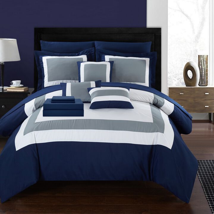 Chic Home Elegant Beaudine 10 Pieces Comforter Bed In A Bag Sheets Decorative Pillows & Shams - Queen 90x90, Navy