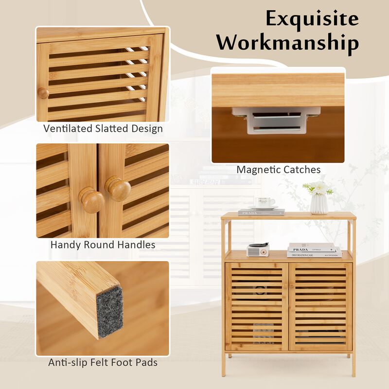Costway Bamboo Storage Cabinet with Double Louvered Doors Open Shelf & Removable Shelf