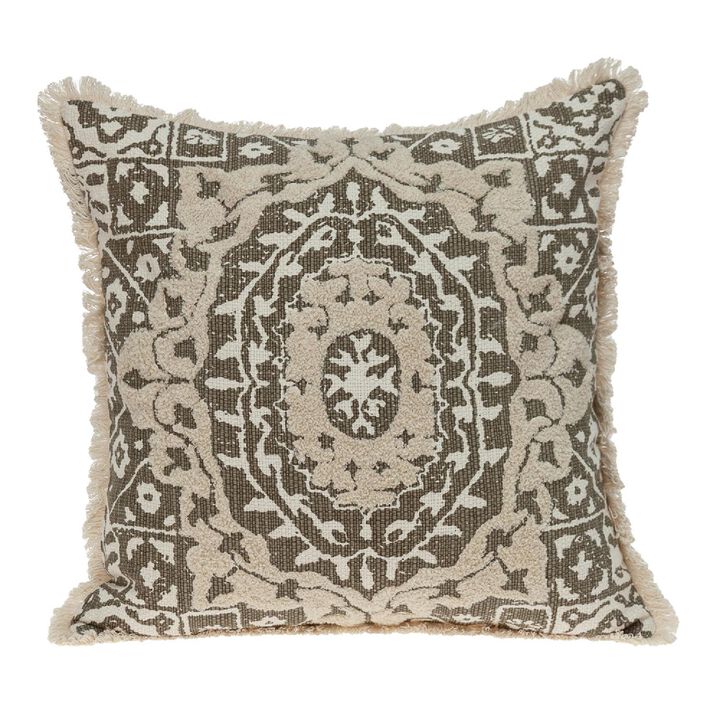 18" Brown and Beige Embroidered Ethnic Design Throw Pillow