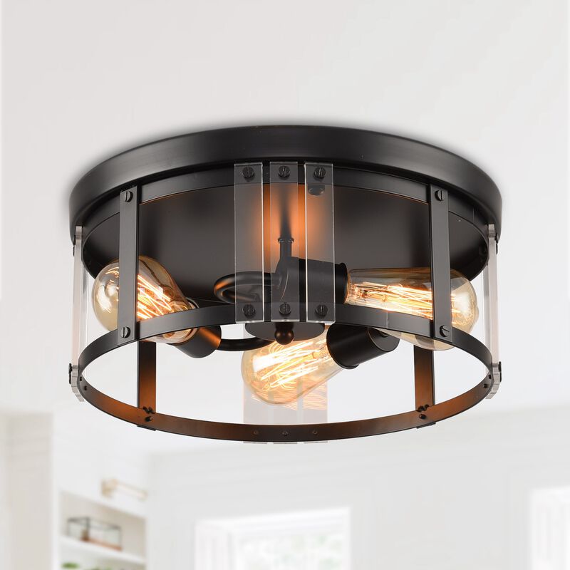 13.3" Industrial Matte Black 3-Light Flush Mount Ceiling Light