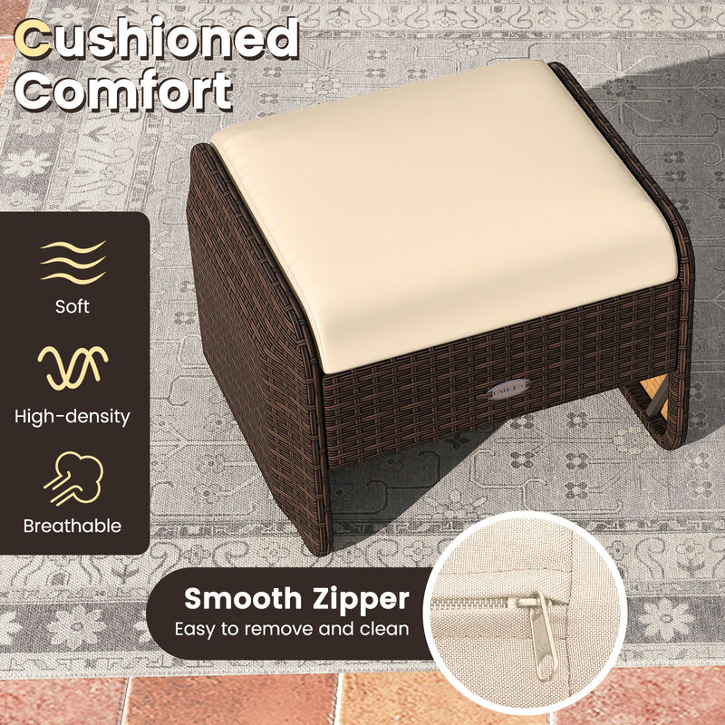 Wicker Ottoman Set of 2 for Outdoor Use with Removable Cushions