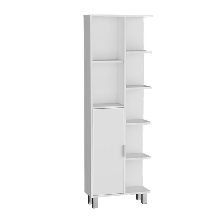 63" H Linen Bathroom Cabinet with Seven Open Shelves, One Drawer, One Door and Four legs,White
