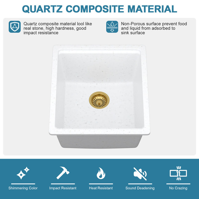 17 in. Undermount Single Bowl Workstation White Quartz Composite Kitchen Sink Round Corner with Bottom Grid. image number 8