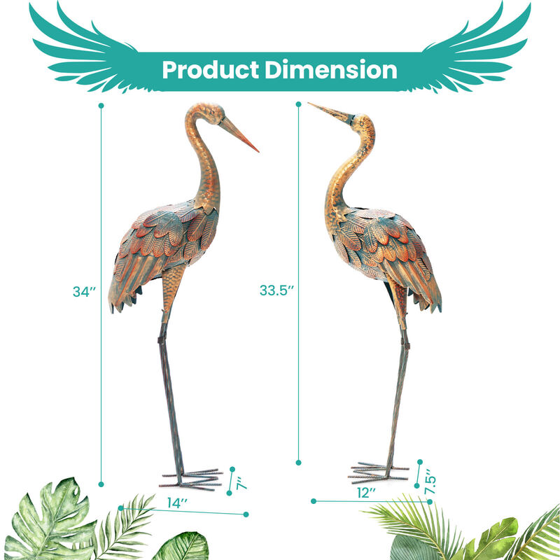 Set of 2 Crane Garden Statues Standing Metal Crane Sculptures Bird