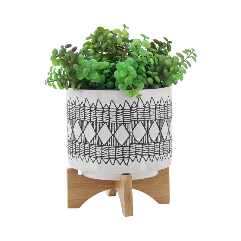Aztec Planter on Wooden Stand, Gray Set
