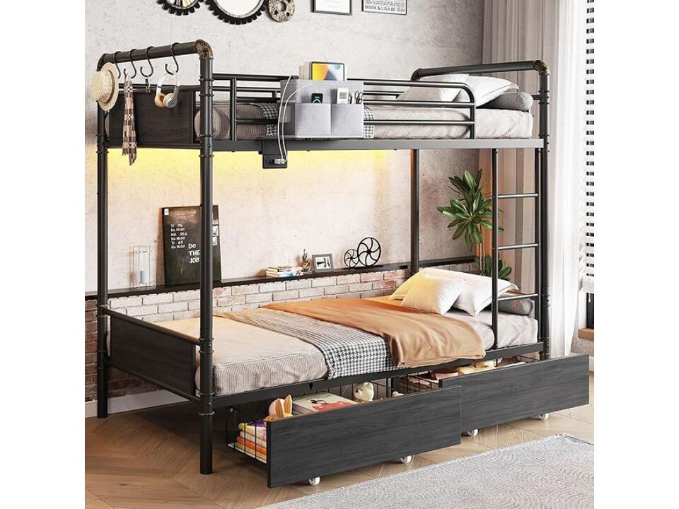Twin Metal Bunk Bed &ndash; Black Frame with LED Lights, Storage Drawers & USB Port