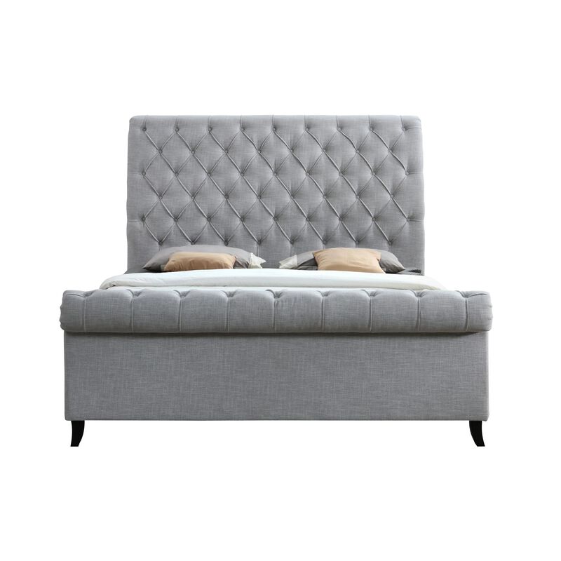 Magnolia Queen Size Bed, Tufted Upholstered Rolled Top Headboard, Gray - Benzara
