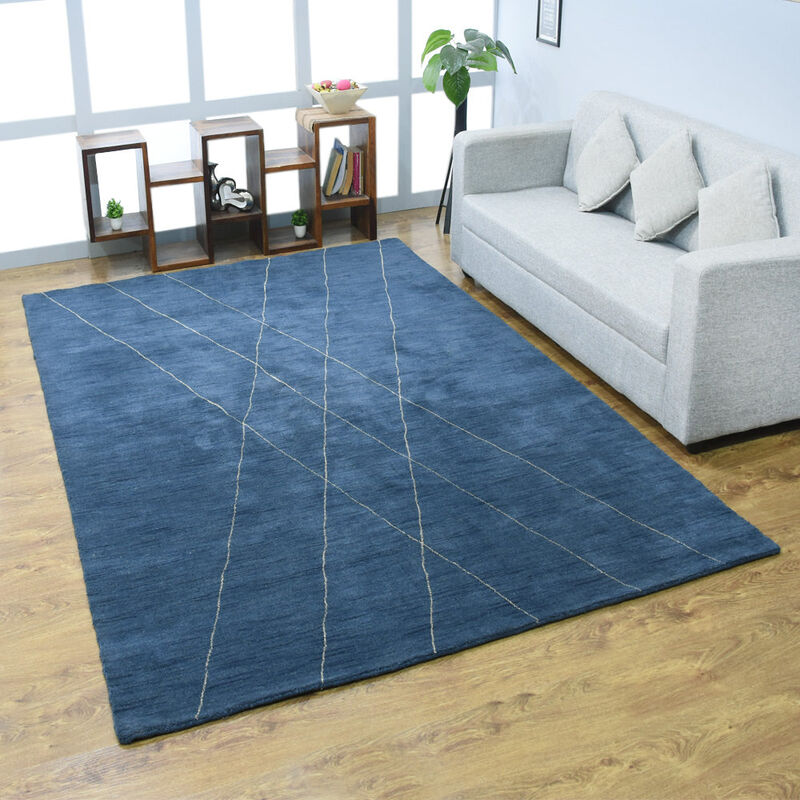RUGSOTIC CARPETS HAND KNOTTED LOOM WOOL ECO-FRIENDLY AREA RUGS  - 6'x9', Rectangle, Blue Beige Color, Geometric Modern Design, High Pile Thick Handmade Anti Skid Rugs for Living Room (L00645)
