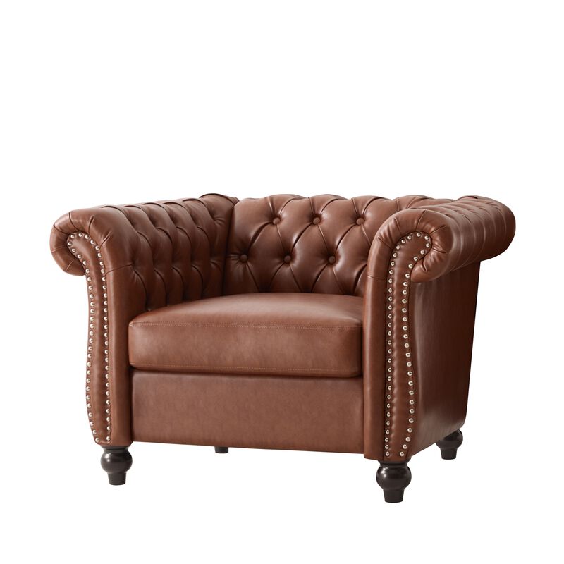 Whisen Classic Club Chair with Diamond Tufting, Scrolled Arms, and Wooden Legs image number 3