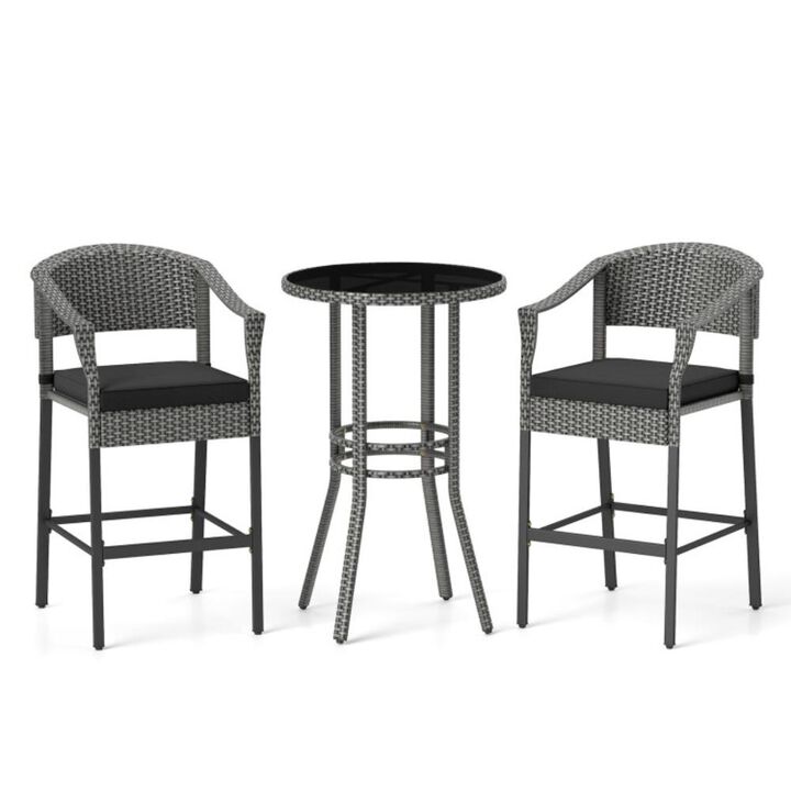 Hivvago 3-Piece Patio Rattan Bar Set with Tempered Glass Top for Backyard Poolside