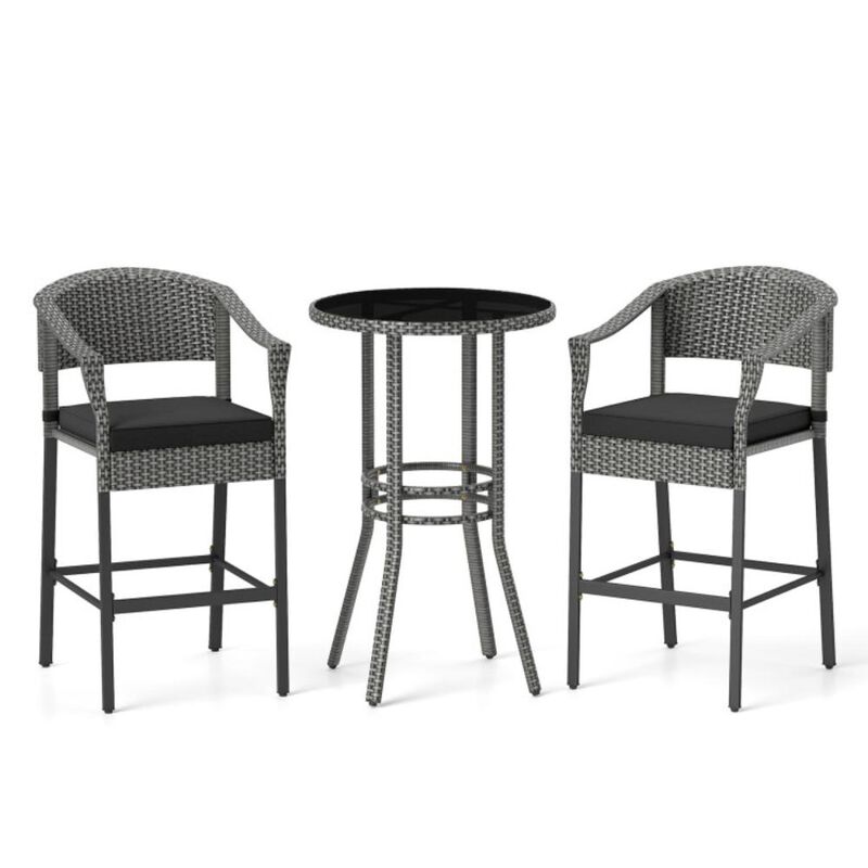 Hivvago 3-Piece Patio Rattan Bar Set with Tempered Glass Top for Backyard Poolside