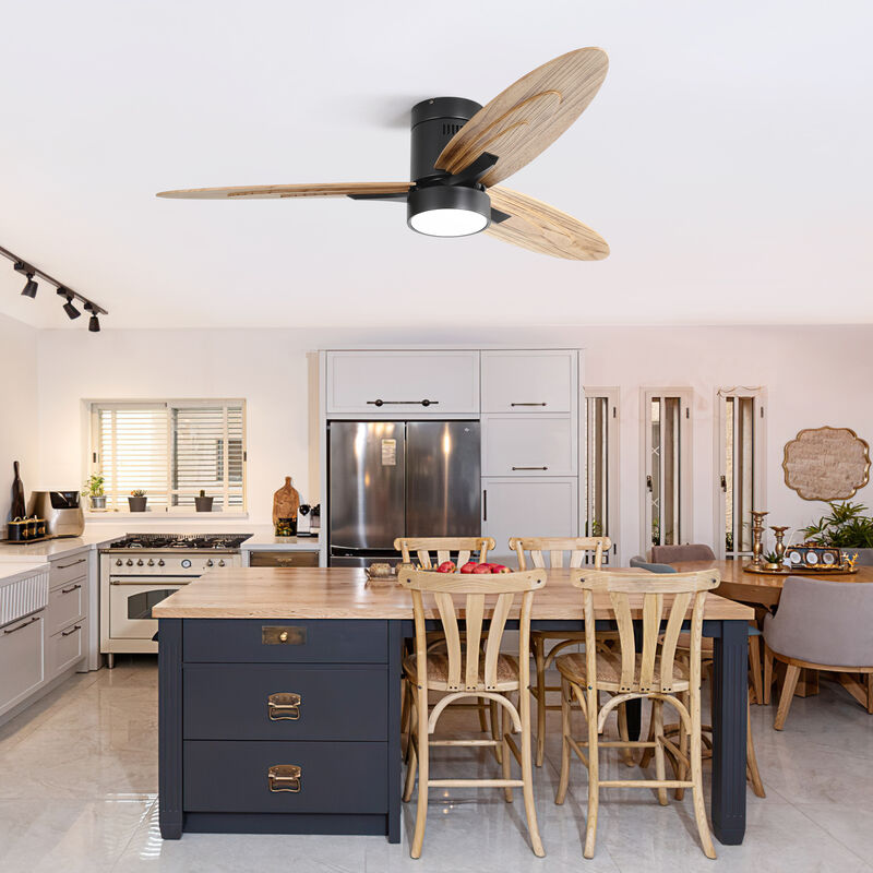 56" Modern Design Flush Mount Ceiling Fan with Light and Remote Control, 3 Solid Wood Blades image number 2