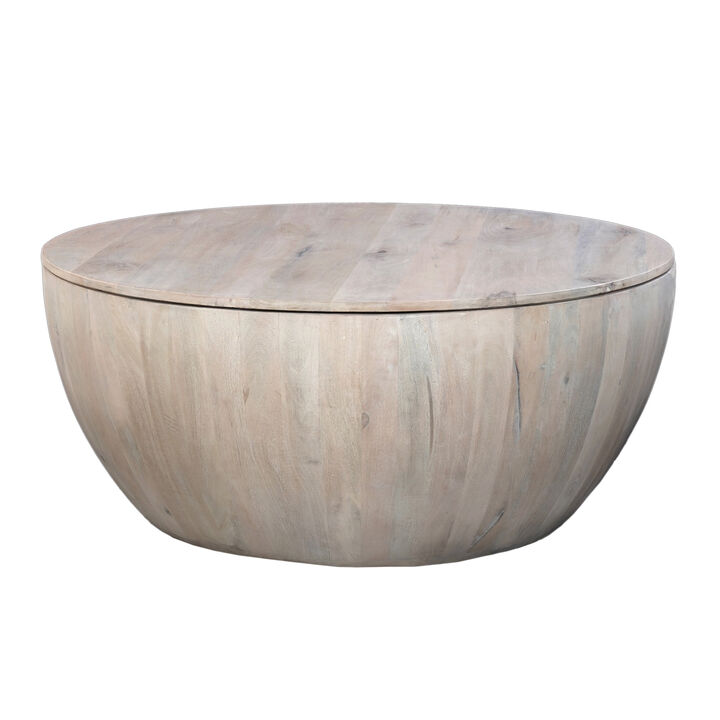 37 Inch Round Coffee Table, Handcrafted Drum Shape with Storage, Washed White Mango Wood - Benzara
