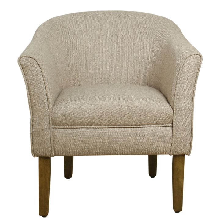 Fabric Upholstered Wooden Accent Chair with Barrel Style Back, Cream and Brown - Benzara