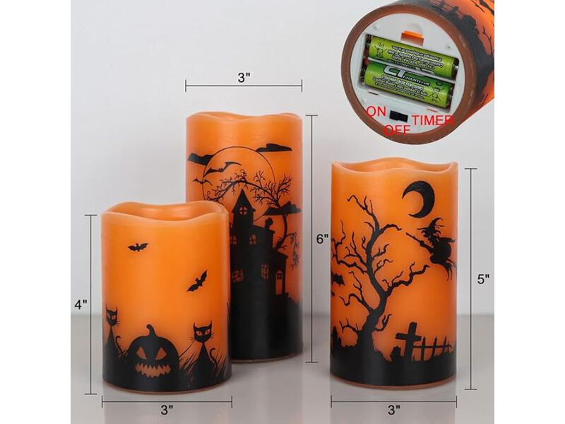Set of 3 Halloween Flickering Flameless Candles &ndash; Real Wax LED with 6-Hour Timer for Indoor Decor & Gifting image number 1