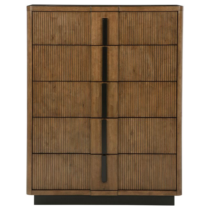 Reon Tall Dresser Chest, 5 Drawers, Decorative Reeded Ash Brown Black - Benzara