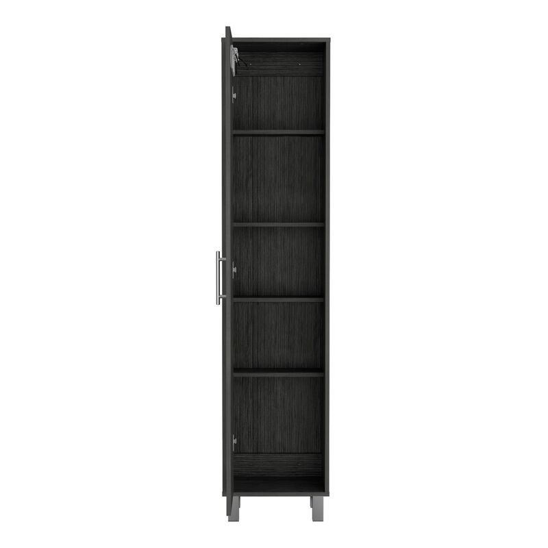 70.8H" Tall Narrow Storage Cabinet with 5-Tier Shelf, 3 Broom Hangers and Metal hardware, Smokey Oak