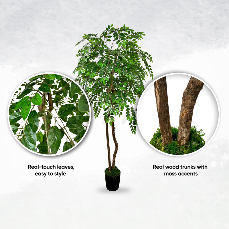 Handmade 6' Artificial Wisteria Tree In Home Basics Plastic Pot Made with Real Wood and Moss Accents