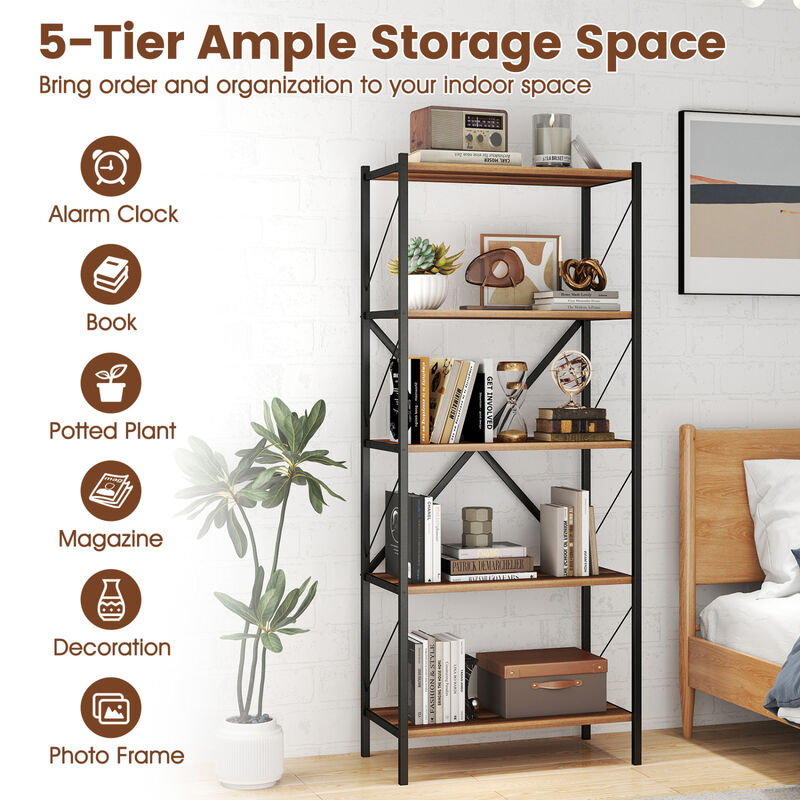Modern 5-Tier Bookshelf Industrial Bookcase Metal Frame Storage image number 6