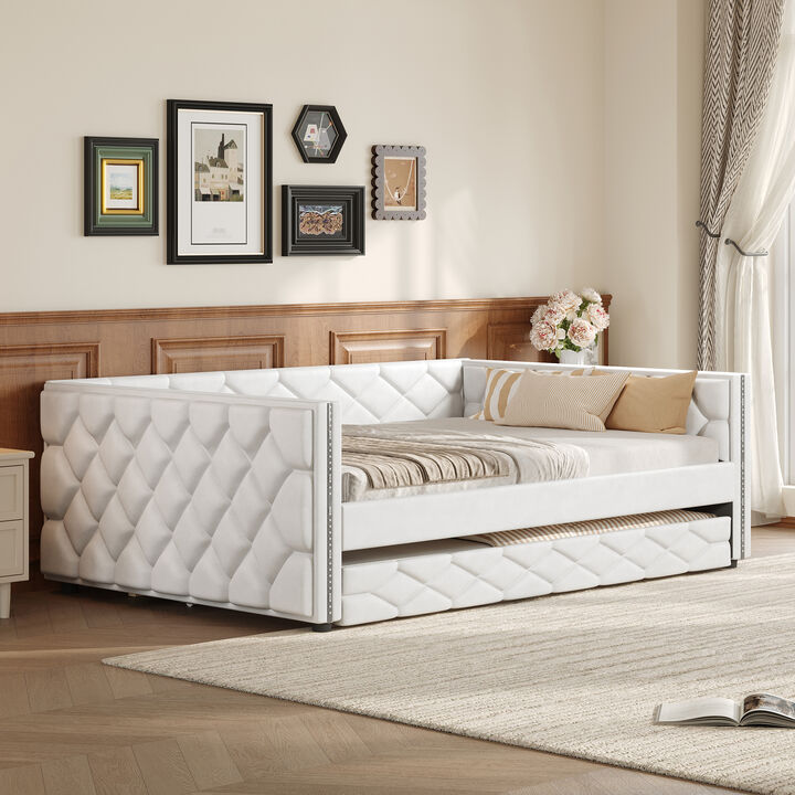 Merax Full XL PU Leather Upholstered Daybed with Trundle & LED Armrests