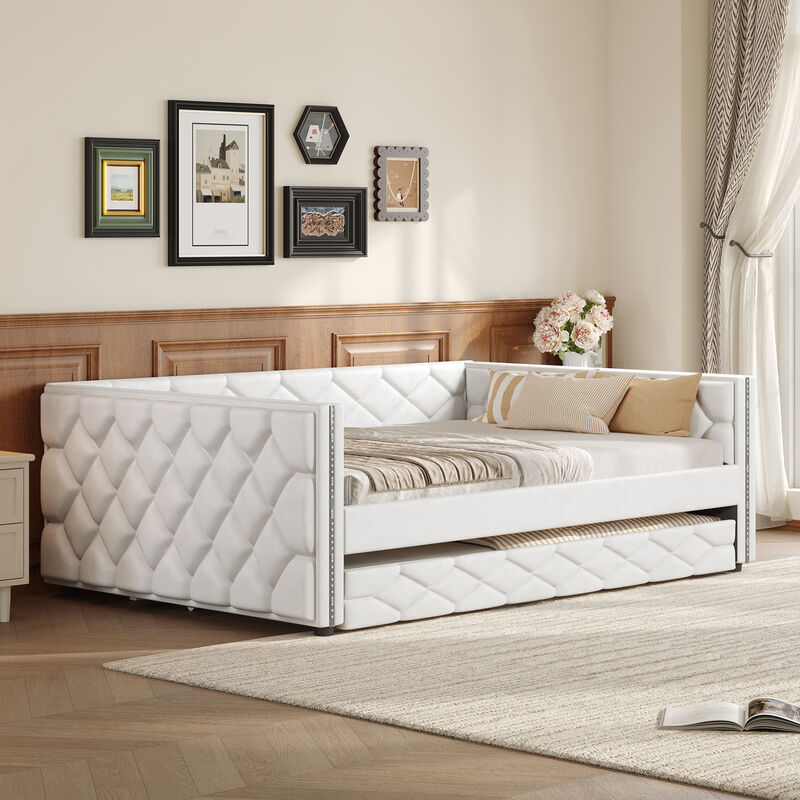 Merax Full XL PU Leather Upholstered Daybed with Trundle & LED Armrests image number 1