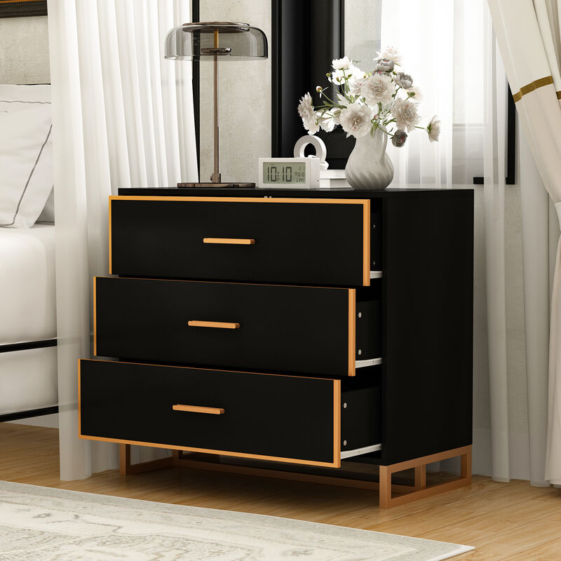 FUFU&GAGA Modern Black 3-Drawer Dresser with Gold Trim, Metal Handles & Base &ndash; Stylish Storage Cabinet for Bedroom(31.5"W x 15.7"D x 28.7"H),Black