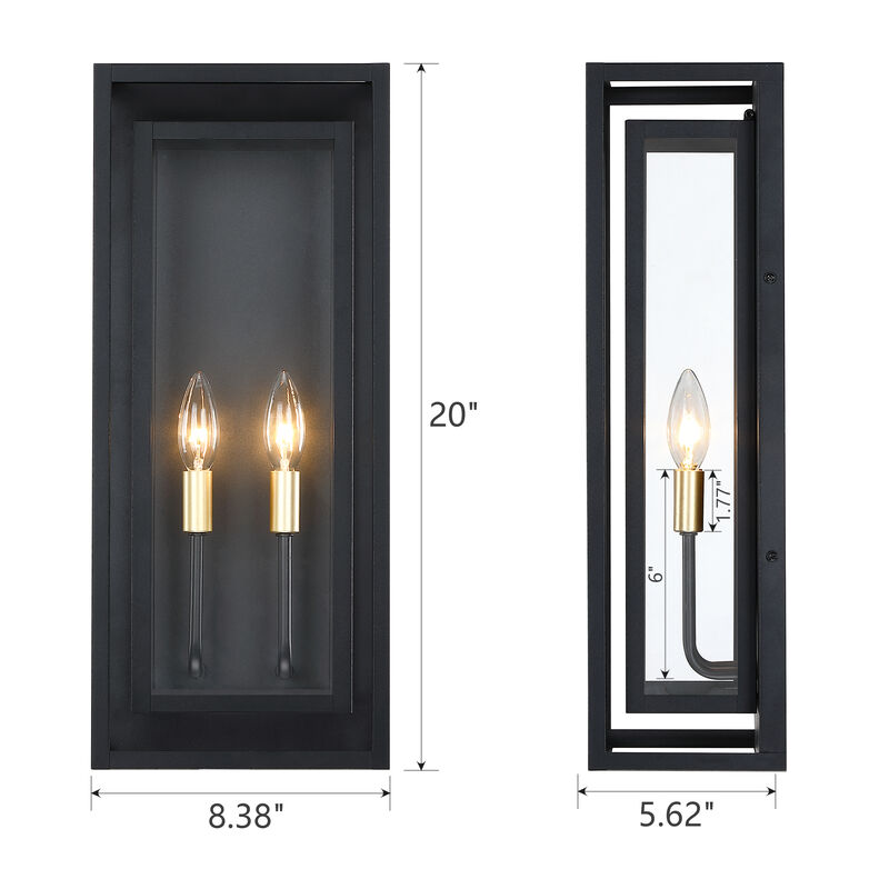 20&rdquo; 2-lights Traditional Farmhouse Outdoor Wall Lantern with Clear Glass and Gold Accents image number 2