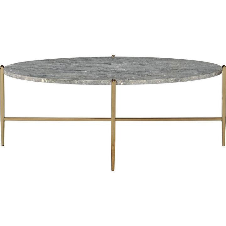 Coffee Table with Oval Marble Top and X Shaped Support, Gray and Gold-Benzara