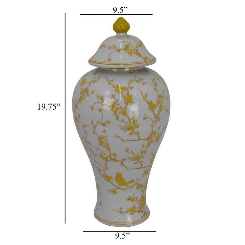 Chris Lidded Accent Jar, Yellow Bird and Floral, White Ceramic 20 Inch - Benzara