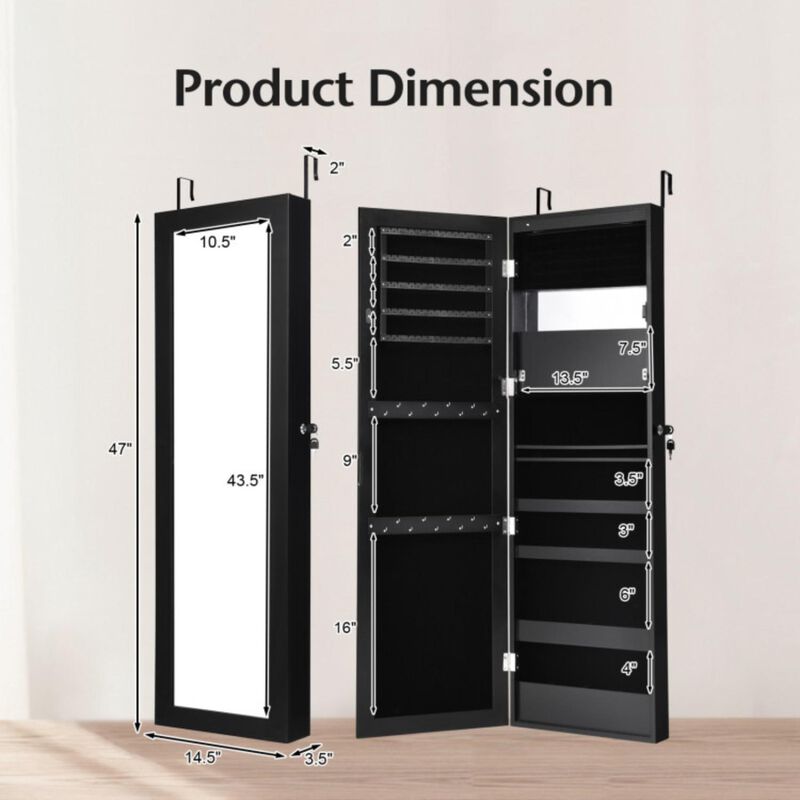 Hivvago Lockable Wall Door Mounted Mirror Jewelry Cabinet w/LED Lights-Black