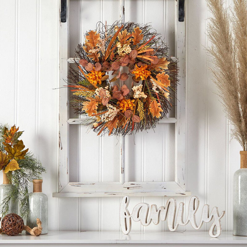 Nearly Natural 22-in Autumn Dahlia and Berries Artificial Fall Wreath