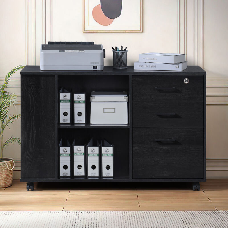 3-Drawer 39in. W Rolling Lateral File Cabinet with Locker and Open Storage Shelves for Home Office and Kids Room image number 1