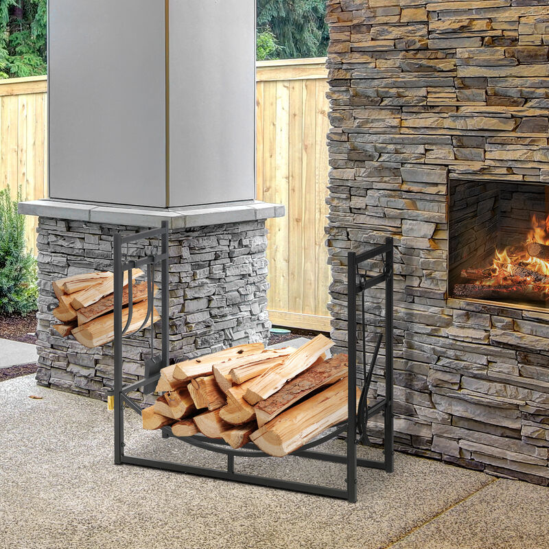 Outsunny Firewood Rack with Fireplace Tools, Indoor Outdoor Firewood Holder, Curved Bottom with 2 Tiers for Fireplace, Wood Stove, Hearth or Fire Pit, Black