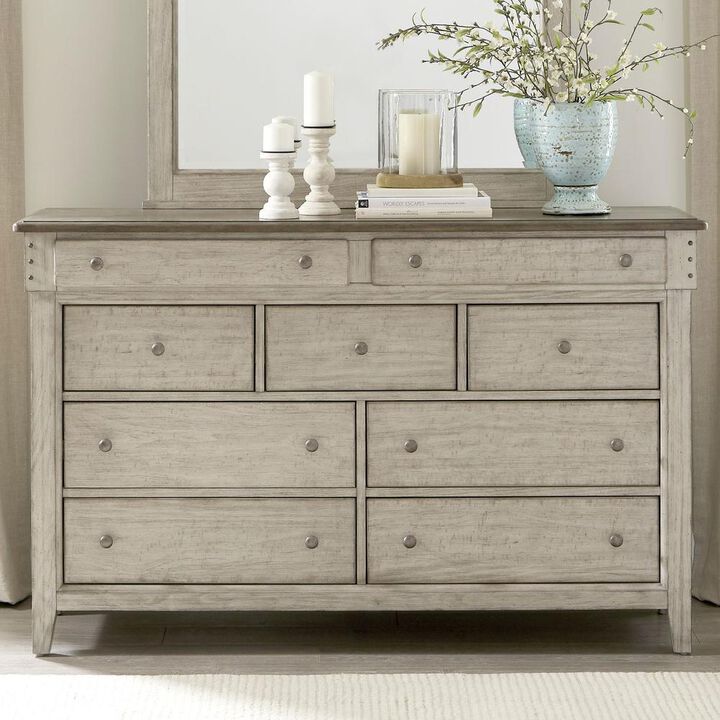 Liberty Furniture 9 Drawer Dresser - in Weathered Linen Finish w/ Dusty Taupe Tops