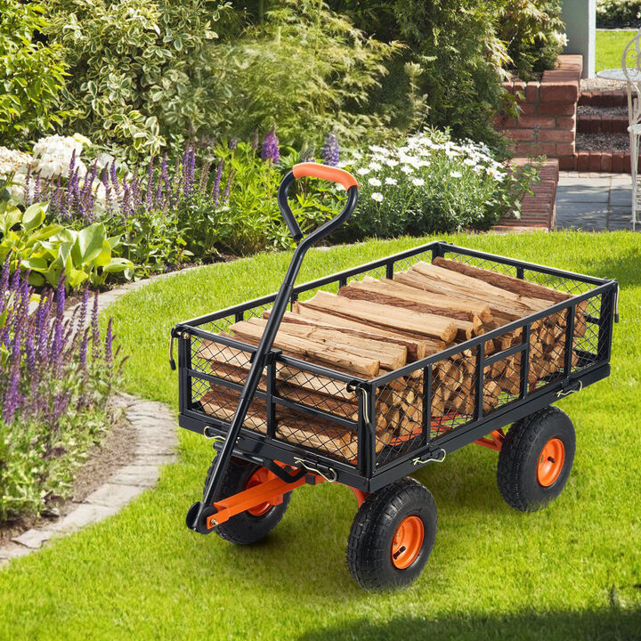 Heavy Duty Garden Cart with Dual-Function Handle Metal Dump Wagon for Yard and Farm-Black