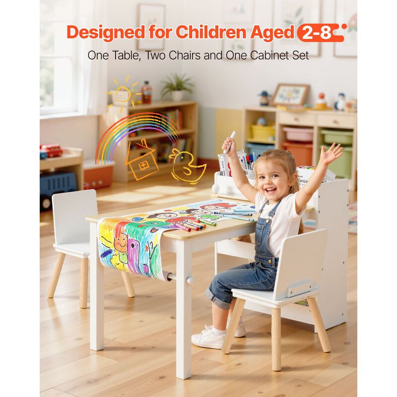 Kids Play Table with 2 Chairs and 3-Tier Storage for Art and Study Activities-White image number 8