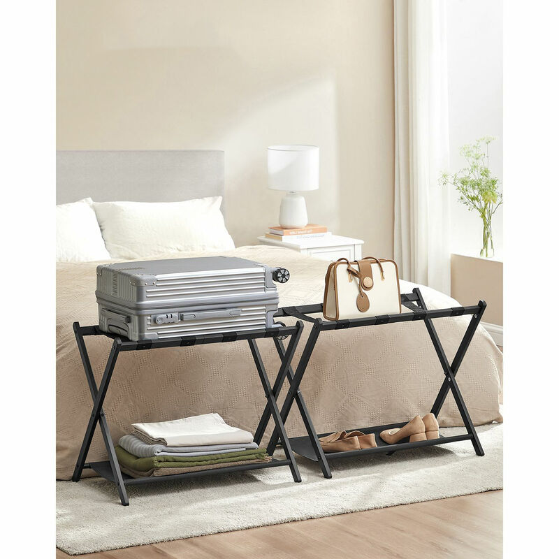 Luggage Rack for Guest Room &ndash; Folding Suitcase Stand with Durable Straps and Wooden Frame