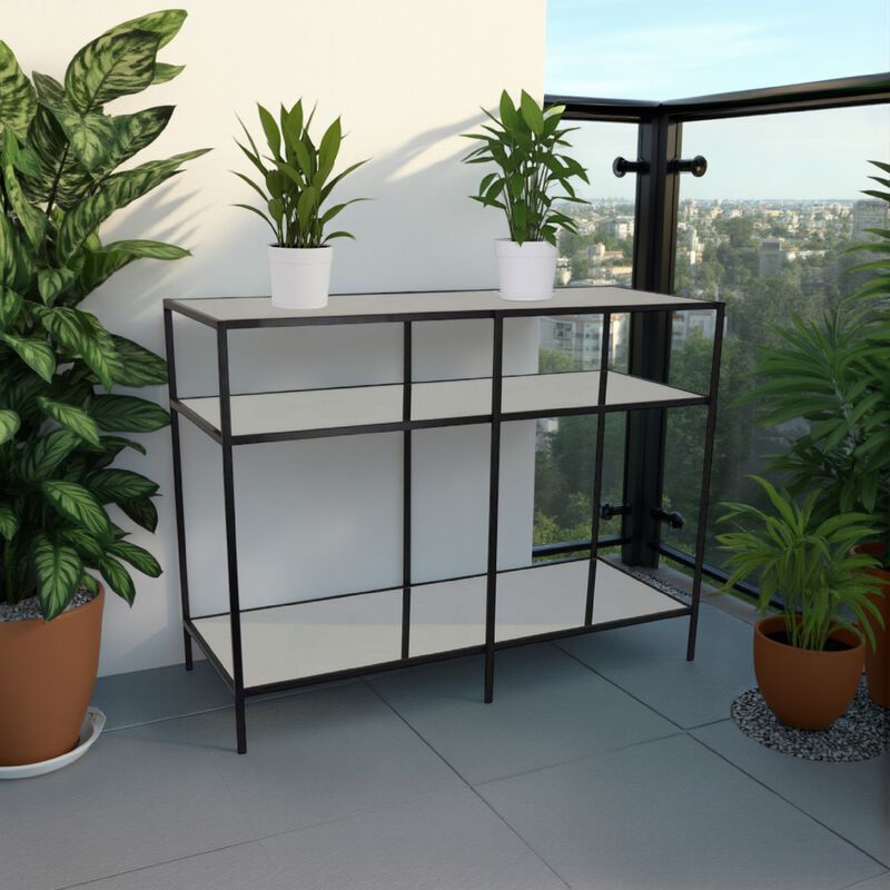 Gwen Plant Stand with 3 Mirrored Shelves, Black Metal Frame 40 Inch - Benzara